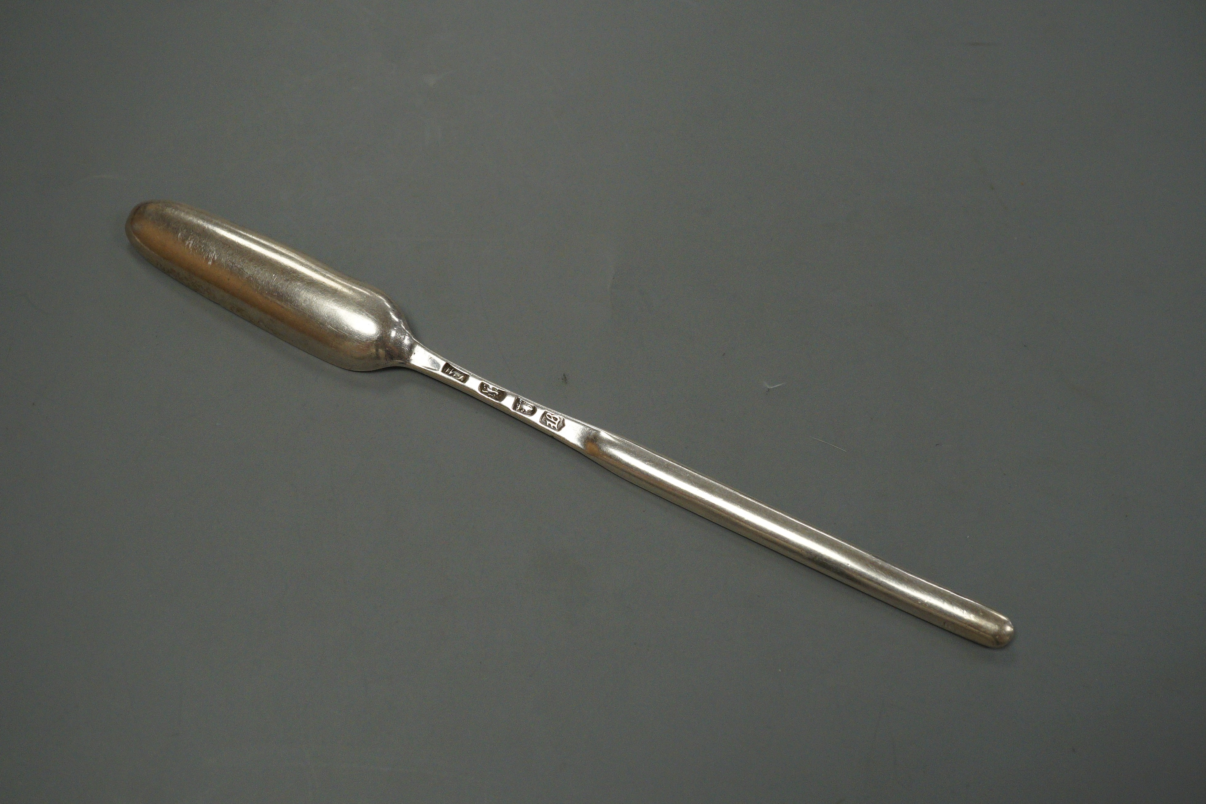 A George II silver marrow scoop, William Turner?, London, 1757, 22.5cm.